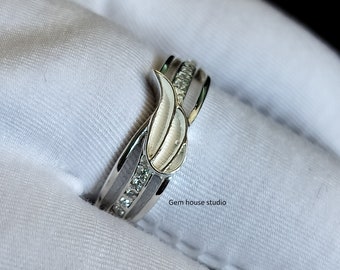 925 Sterling Silver Ring, Angel Wing Blank Channel with Zircon Setted Band Ring, Good for Resin & Ashes Work, Keepsake/Breastmilk DIY Craft