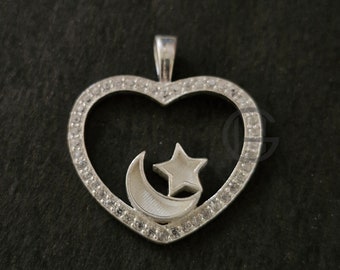 925 Sterling Silver Heart with Zircon Setting Pendant, Star Moon Blank Bezel Pendant, Good for Resin & Ashes Work, Breastmilk/Keepsake DIY
