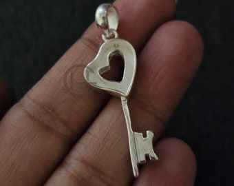 925 Sterling Solid Silver Key Design Pendant, Heart Blank Bezel Pendant, Good for Resin & Ashes Work, Keepsake/Breastmilk DIY Crafts. Locket