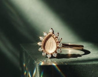 Pear Blank With Zircon Halo Promise Ring, 925 Sterling Silver Engagement Ring, Teardrop Wedding Ring,Resin & Ashes Work, Keepsake Breastmilk