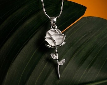 925 Sterling Silver Rose Flower Blank Bezel with CZ Setted Leaf Pendant Setting, Good for Resin & Ashes Work Breastmilk/Keepsake, DIY Crafts