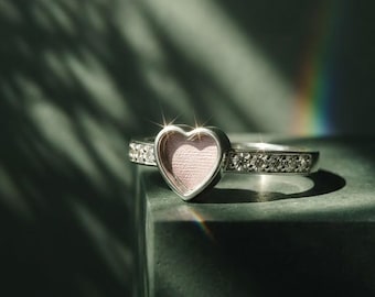 925 Sterling Solid Silver 8mm Heart Blank Bezel with CZ Setted on Band Ring, Good for Resin & Ashes Breastmilk DIY Work, Keepsake Jewelry