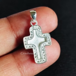 925 Sterling Solid Silver Blank Bezel Cross Pendant with Zircon Setted, Good for Crushed Opal, Resin & Ashes Work, Keepsake Breastmilk DIY