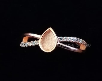 Teardrop Rose Gold Ring, 4x6mm Blank and Zircon Setted Ring, 925 Sterling Silver Disangner Ring, Resin & Ashes Work, Breastmilk/Keepsake DIY