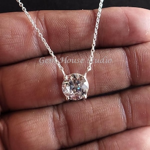 White Zircon Solitaire Necklace: Sterling Silver, Gold Plated