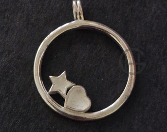 925 Sterling Silver Pendant, Circle with Star/Heart Blank Bezel Setted Pendant, Good for Pour Resin & Ashes Work, Breastmilk/Keepsake DIY