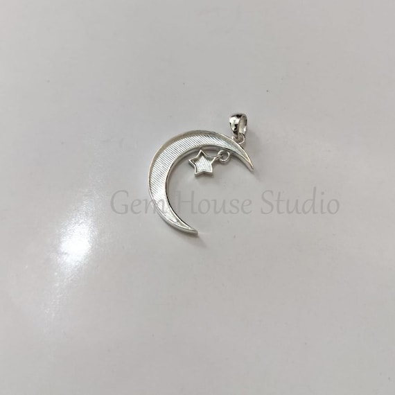 Ciondolo In Argento 925 Con Opale Bianco E Zirconi, Forma Mezzaluna E Stella, Gioiello Fine