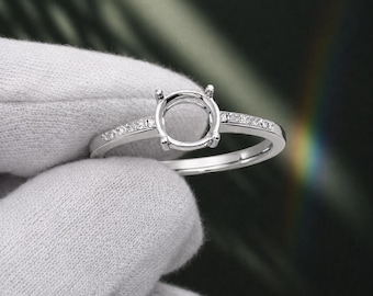 7mm Round Engagement Ring Setting, White CZ Ring, Diamond Accent Band, Solitaire Ring Setting, Minimalist Bridal Ring, Promise Ring Gift