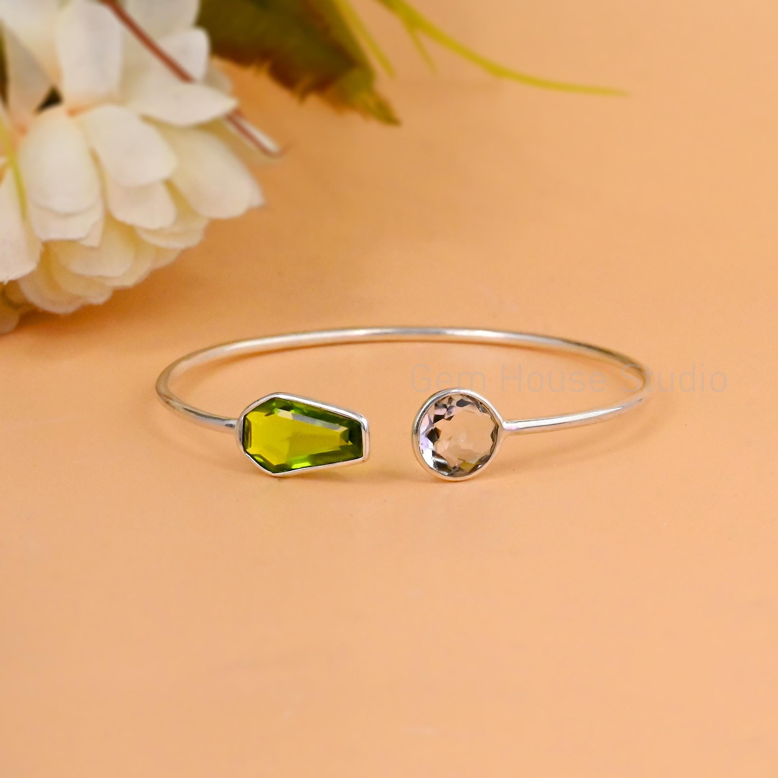 Bracelet Manchette En Argent Sterling 925 Avec Péridot – Pierre Naturelle Verte, Réglable, Fait Main, Neuf Avec étiquettes