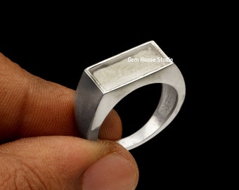 925 Sterling Solid Silver 7x14mm Rectangle Shape Men's Ring, Good for Crushed Opal, Inlay, Resin, Ashes & Fordite Work, Keepsake Jewelry