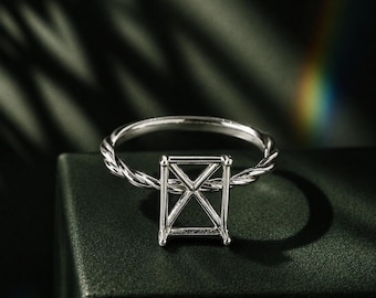 8x6mm Emerald Cut Solitaire Ring Setting, Twisted Shank Ring, Rectangle Semi Mount Ring, Sterling Silver Proposal Ring