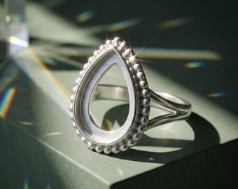 Pear Bezel Ring Setting 925 Sterling Silver Hollow Blank Ring for Resin Cabochon Keepsake Jewelry Breastmilk Ashes DIY Ring