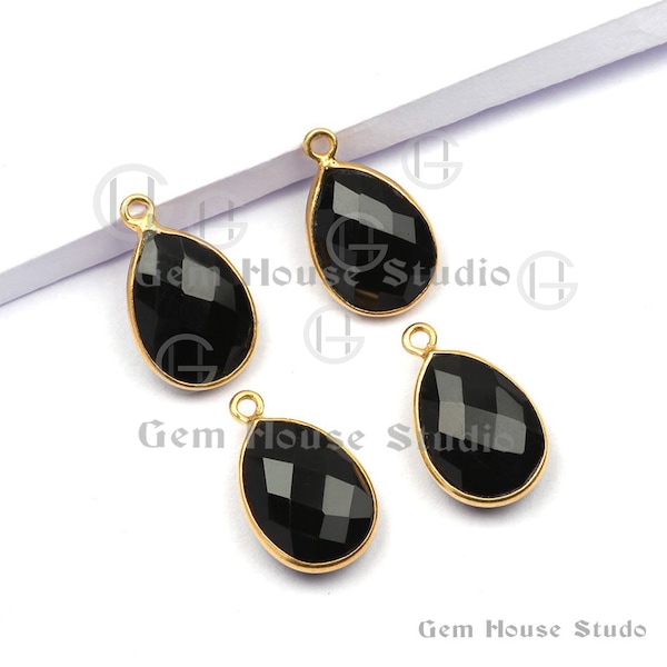 Black Onyx Faceted Gemstone Bezel Charms Pendant, 12x16mm Pear Micron Gold Plated Sterling Silver Charm, Single Bail Charm For Gifted 2 Pcs