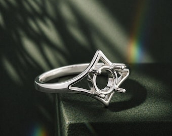 6mm Round Engagement Ring Setting, Solid Silver Empty Ring Mount, Minimalist Star Shape Ring, DIY Custom Gemstone Ring, Promise Ring Setting