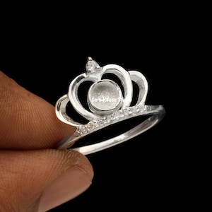 925 Sterling Solid Silver Princess Crown 5mm Round Blank Bezel with CZ Setted Band Ring, Good for Resin & Ashes Work,Keepsake/Breastmilk DIY