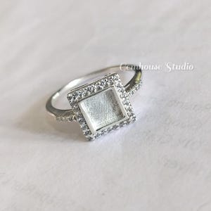 Sterling Silver Zircon Ring: 8x8mm Square Bezel for Resin/Ashes