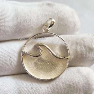 925 Sterling Solid Silver Ocean Wave Blank Bezel Round Pendant, Good for Resin & Ashes Work, Keepsake/Breastmilk DIY, Memorial Jewelry Craft image 1