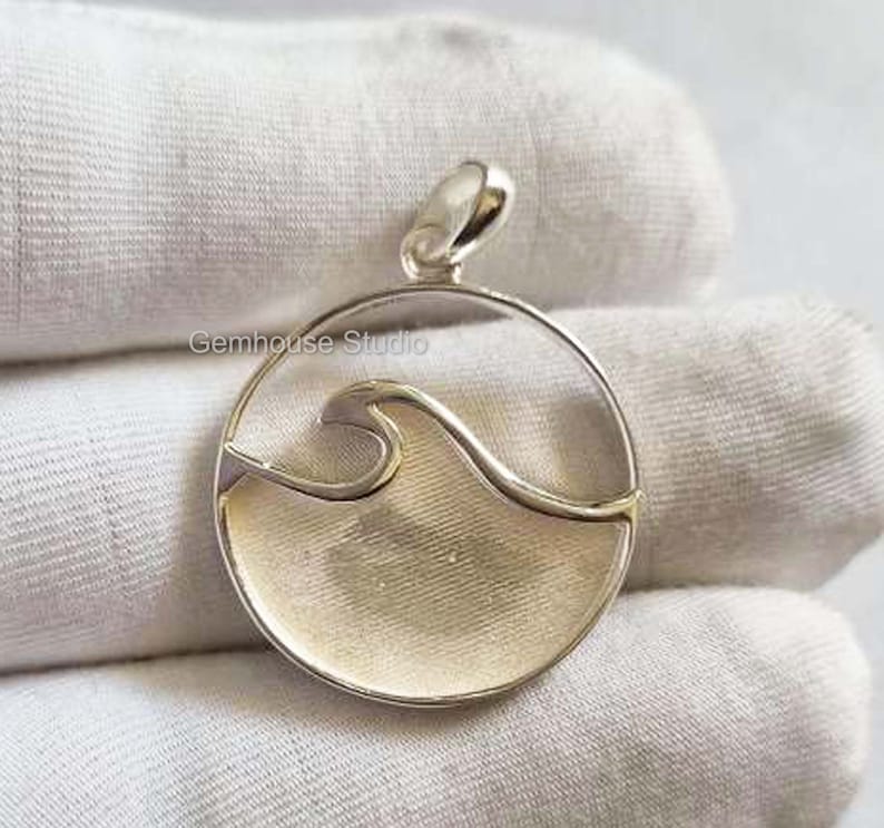 925 Sterling Solid Silver Ocean Wave Blank Bezel Round Pendant, Good for Resin & Ashes Work, Keepsake/Breastmilk DIY, Memorial Jewelry Craft image 1