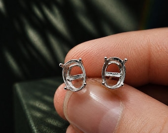 8x6mm Oval Stud Earrings Setting, Empty Basket Earring Mount, Sterling Silver Studs, Oval Cabochon Earring Base, DIY Jewelry Making Gift