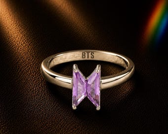 Solid 925 sterling silver BTS LOGO ring Purple Stone For BTS army inspired By Bangtan kpop fan merch
