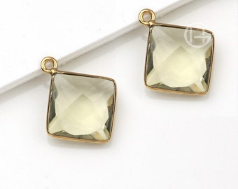 Lemon Quartz Gemstone Bezel Charms Pendant,12x12mm Diamond Shape Faceted 925 Sterling Silver Connector For Jewelry- 1 Pc