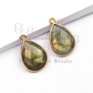 Ciondolo con ciondolo a forma di goccia sfaccettata in labradorite, 12 x 16 mm, in argento sterling 925 placcato in oro micron, per regalo, 1 pezzo