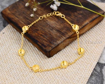 925 Sterling Silver Gold Plated Bracelet, Six Round Blank Bezel Setted Adjustable Chain Bracelet, Resin & Ashes, Keepsake/Breastmilk DIY