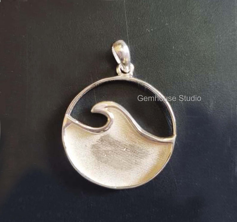925 Sterling Solid Silver Ocean Wave Blank Bezel Round Pendant, Good for Resin & Ashes Work, Keepsake/Breastmilk DIY, Memorial Jewelry Craft image 2