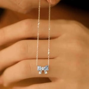 925 Sterling Silver Sky blue topaz Quartz Bow Necklace, Silver, Cute Necklace, Bowtie Necklace, Tied Bow Necklace, Ribbon gift for her