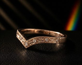Gold V Shaped Engraved Wedding Band, Moissanite Contour Ring, Vintage Intricate Leaf Scroll Band, Custom Fine Jewelry, Antique Style Ring