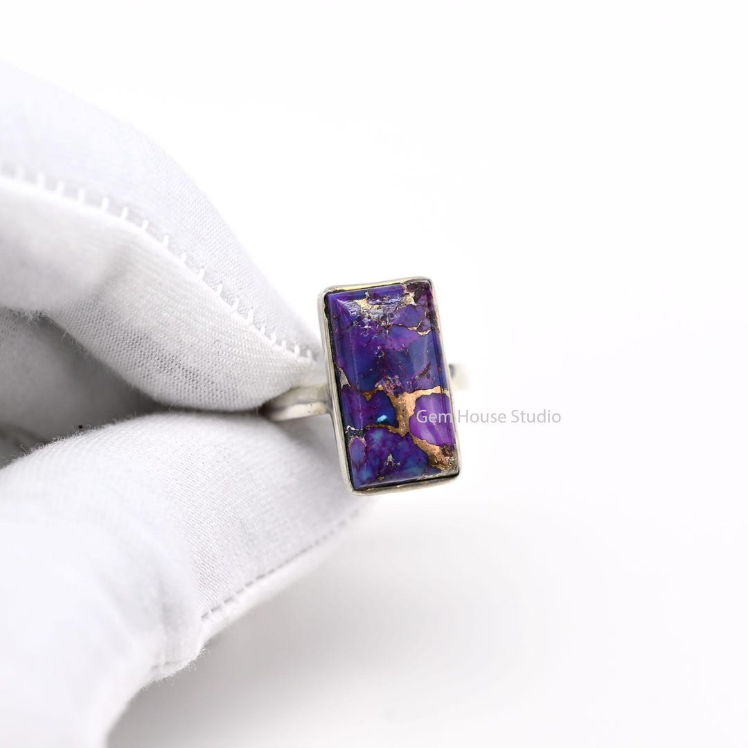 Handmade Sterling Silver Copper Turquoise Ring: Rectangle Gemstone Statement Ring