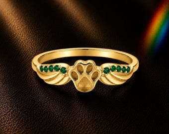 8mm Dog Paw Ring, Paw Print Ring, Pet Lover Ring, Dog Mom Gift, Green Stone Ring, Animal Lover Jewelry, Gold Paw Ring