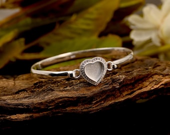 925 Sterling Solid Silver 10mm Heart Bangle- CZ Blank Bezel Bangle with hook clasp-Good for Resin & Ashes Work Keepsake-Breastmilk DIY Craft