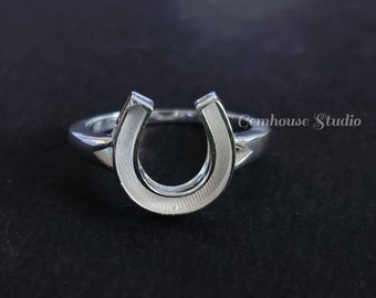 925 Sterling Silver Ring, Good Lucky Horse Shoe Full Blank Bezel Ring Setting, Good for Resin & Ashes Work, Keepsake Memorial DIY Crafts