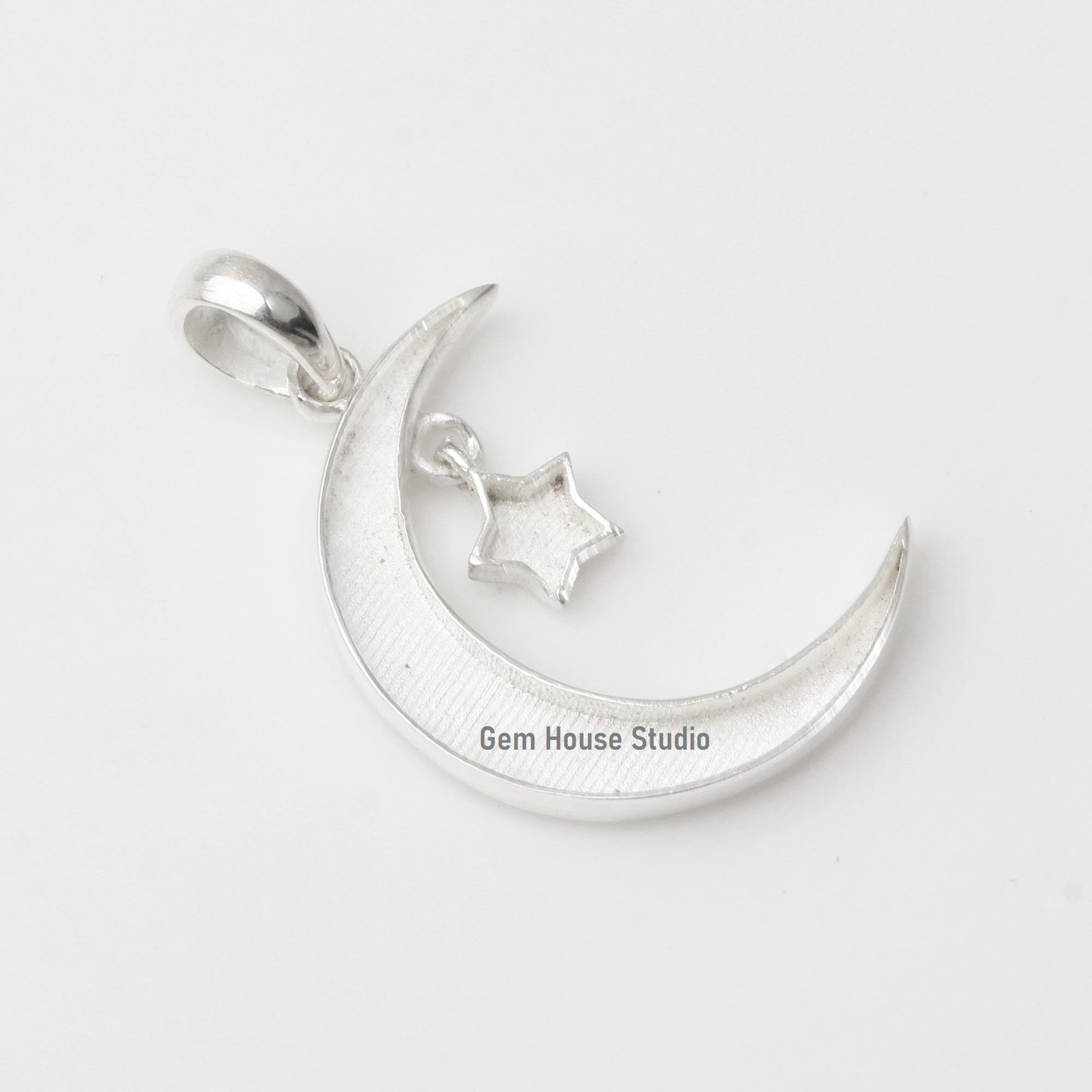 Ciondolo In Argento 925 Con Opale Bianco E Zirconi, Forma Mezzaluna E Stella, Gioiello Fine