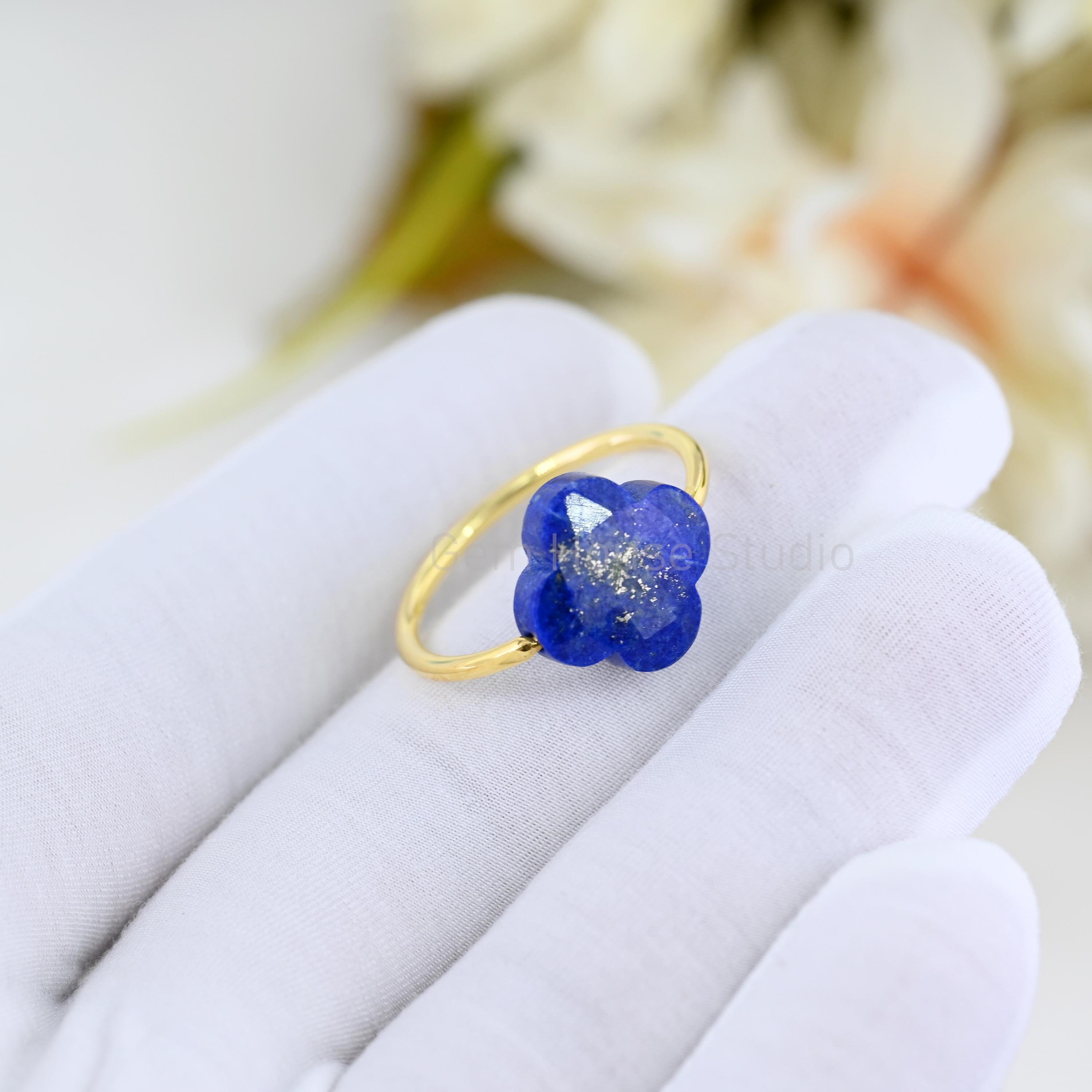 Clover Gemstone Ring, Natural Lapis Lazuli Ring, 925 Sterling