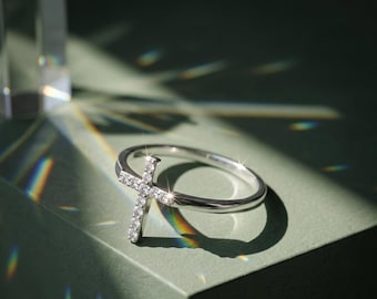 Sideways Cross Ring • Dainty Religious Jewelry • Sterling Silver Cross Ring for Women •Christian Gift • Pave CZ Cross Ring • Minimalist Band