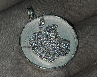 925 Sterling Silver, Blank Circle Bezel Setting Charm Pendant, Pave Zircon Apple Logo Pendant Necklace, Good for Pour Resin & Ashes Work