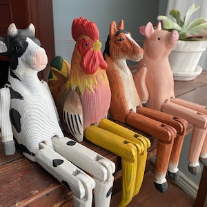 Farmhouse Animal Shelf Sitters, Wood Animal Figurines, Cow, Horse, Pig, Rooster, Shelf Decor, Barn Animal Decor, Country, Jointed Dangle Leg