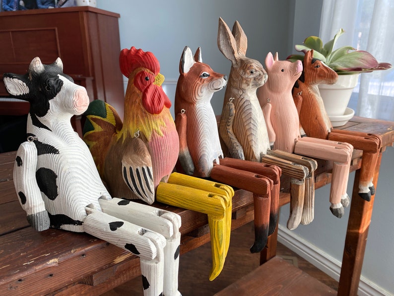 Animal Shelf Sitter, Farmhouse Shelf Decor, Wood Animal, Rabbit, Fox, Cow, Horse, Pig, Rooster, Woodland Decor, Dangle Leg, Wood Jointed Leg image 1