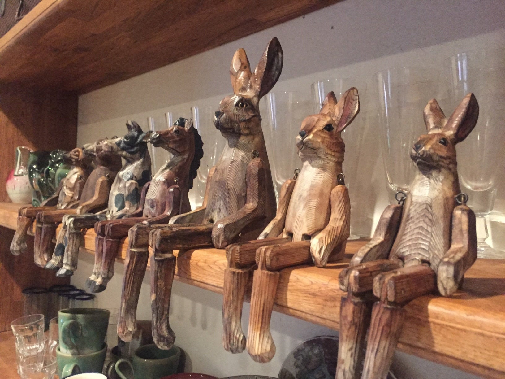 Wooden Animal Shelf Sitters - Hand Carved Rabbit Fox Cow Horse - Sitt…