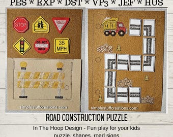 Quiet Book Road Construction, puzzle, shapes, busy book, toddler play ITH, In The Hoop