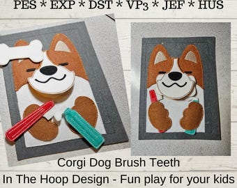 Corgi Brushing Teeth Quiet Book Page Embroidery Design (5x7, PDF Instructions)