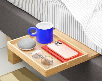 Bamboo Floating Bedside Table with Bed Frame Clamps and Sliding Shelf