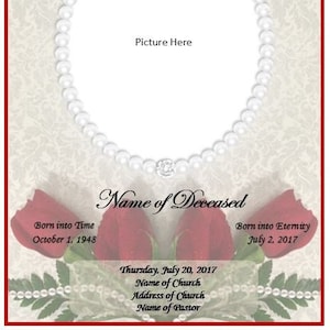 Memorial Program - Funeral Obituary Template - Roses and Pearls