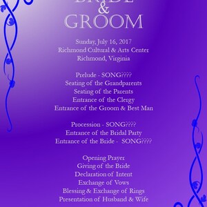 Calligraphy Wedding Program Corner Design - Blue, Purple and Silver - Custom Options Available