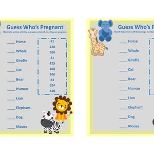 Animal Gestation - Pregnancy Game in Blue Yellow and Gray - Gender Neutral Baby Shower - Instant Downlad
