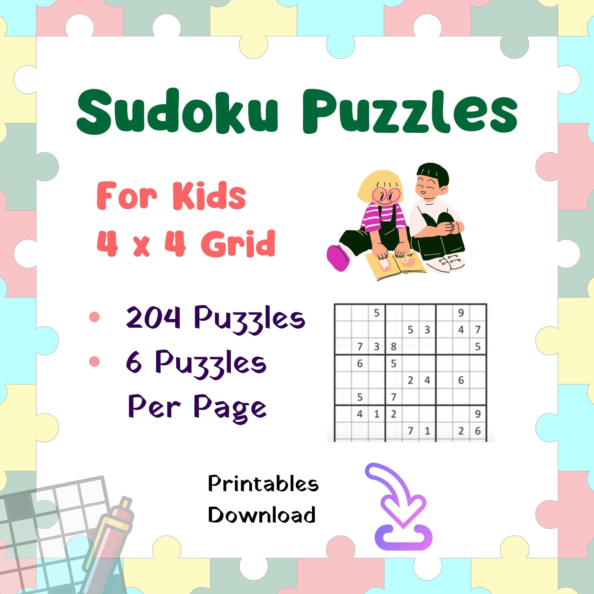 Easy Sudoku for Kids 4x4 Bundle of 1200 Printable (Instant Download) 