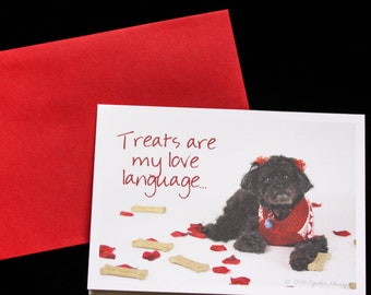 Valentine Greeting Card with Sophie the Black Poodle Mix Dog-- Love Language Treats