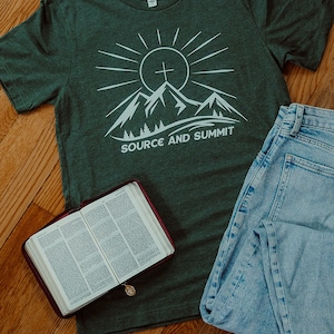 Source and Summit T-Shirt (Green) | Eucharist Shirt | Catholic Shirt | True Presence | Mother&#39;s Day gift | Catholic gift | Father&#39;s Day gift